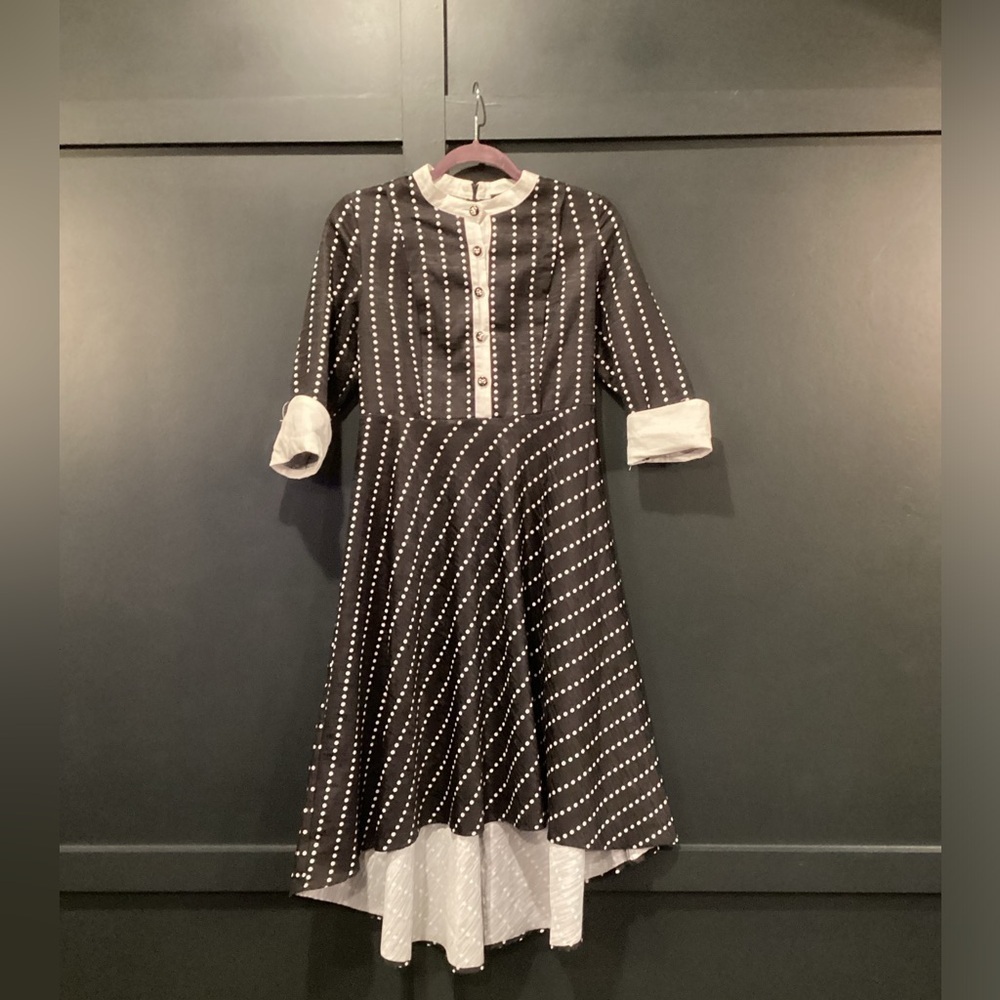 Cyanine Sea A-Line retro flare high low Cotton Silk polka dot Stripe Midi dress